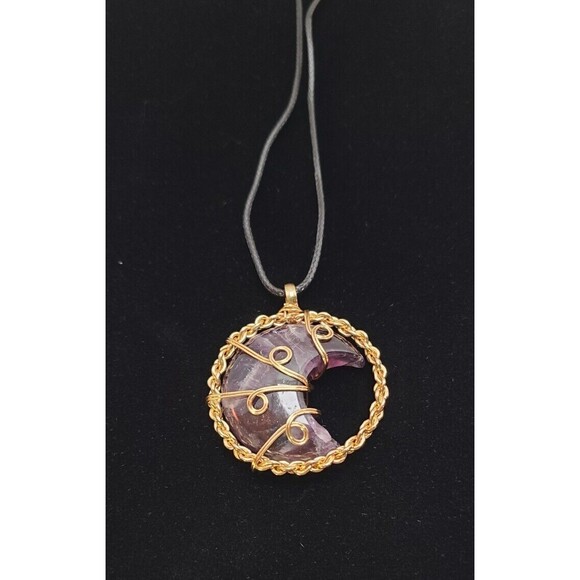 Moon Pendant Amethyst  Gem Stone  Crystal Necklace 1.5" Diameter - Picture 1 of 3